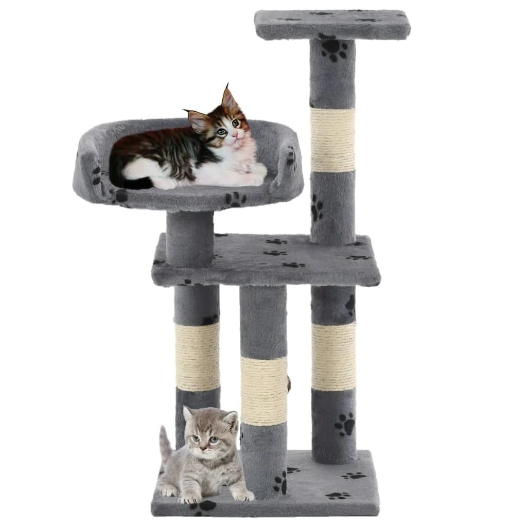 Arbre a chat empruntes de pattes noir sur gris avec sisal