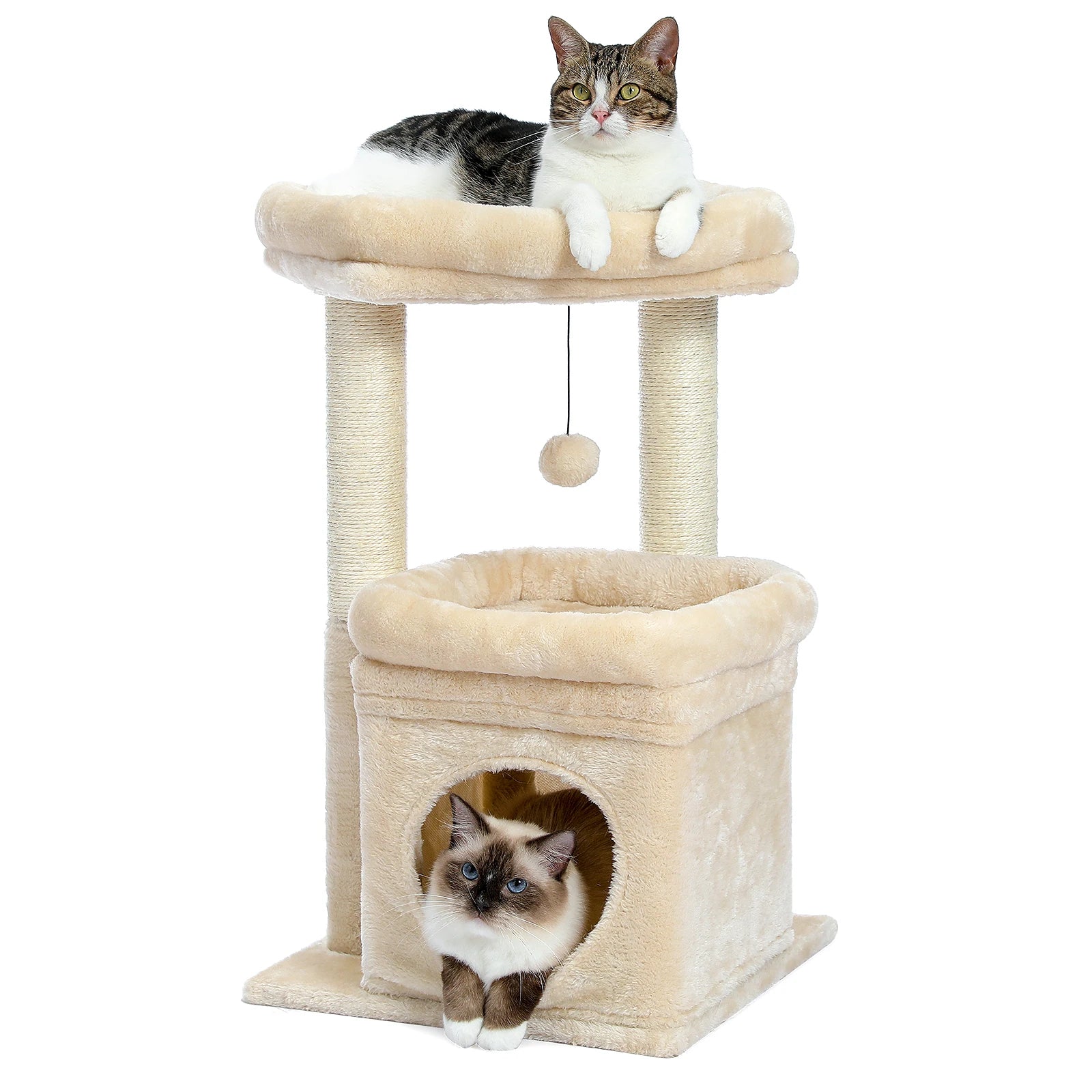 Arbre Ă  chat maine coon condo perchoir beige et balle suspendu