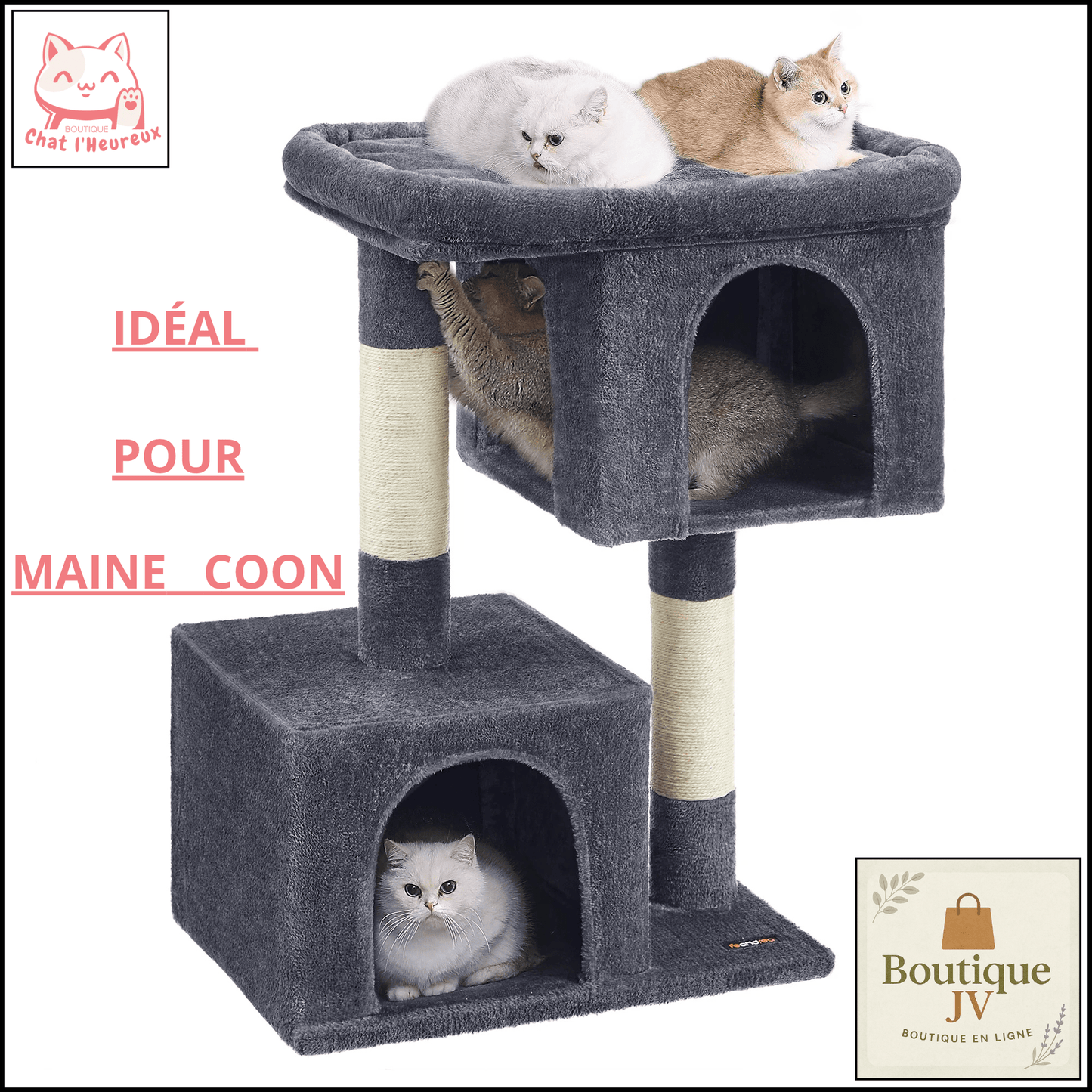 Arbre à chat maine coon - condo - large - perchoir - gris - Boutique Chat l'Heureux