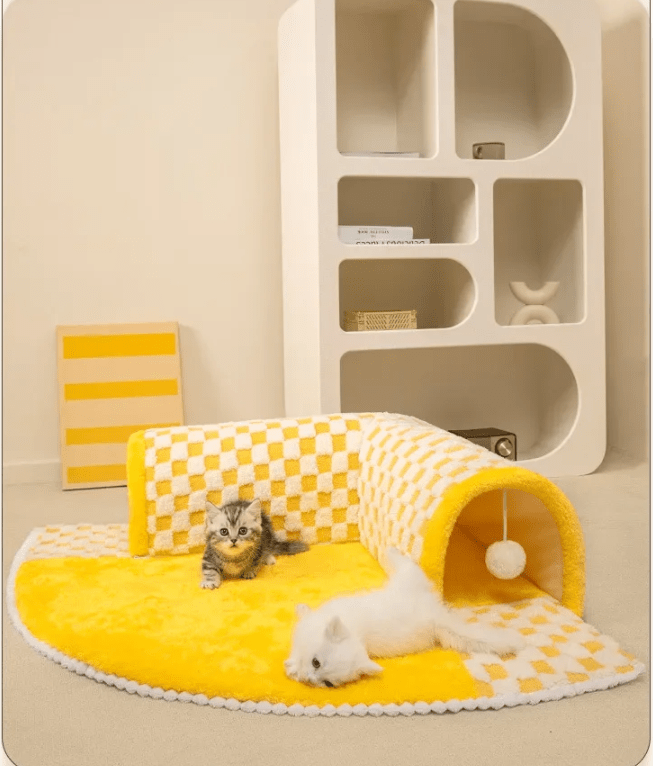 Coussin pour chat tunnel jaune espace de jeu