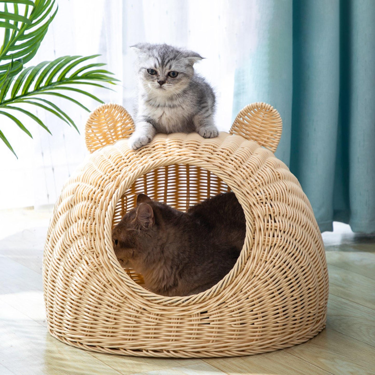 Panier pour chat en rotin en forme de tete de chat