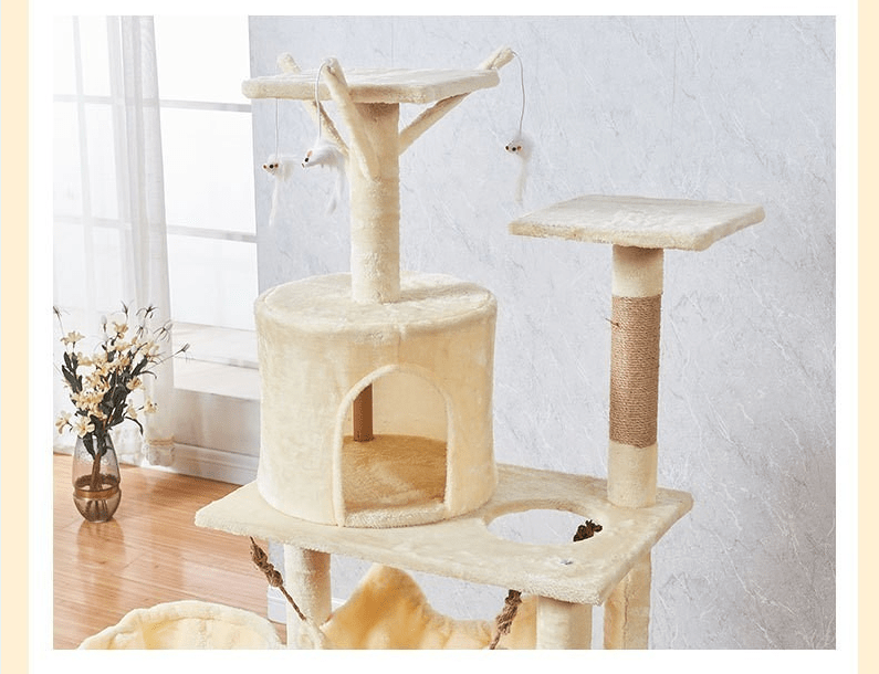 Arbre à chat beige avec plateforme et jeux amusant