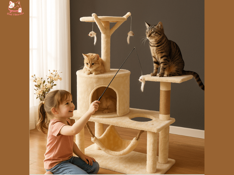 Arbre à chat beige avec plateforme et jeux