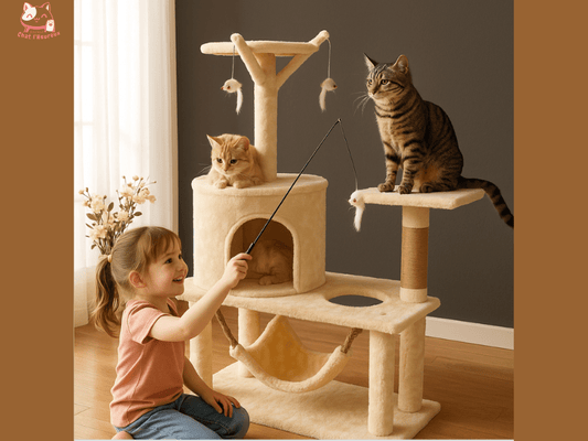 Arbre à chat beige avec plateforme et jeux