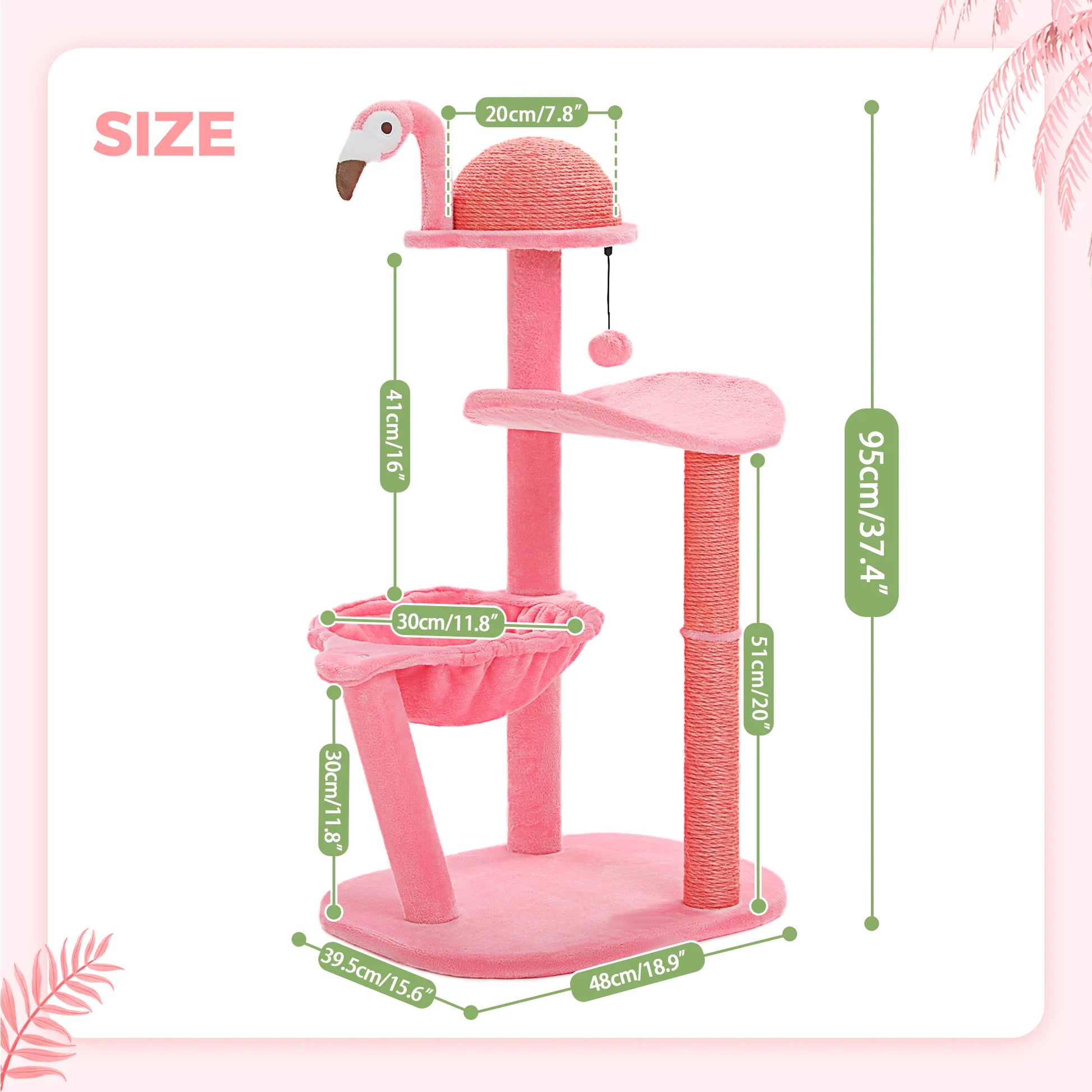 Arbre a chat flamant rose dimension 48 cm par 39.5 cm par 95 cm