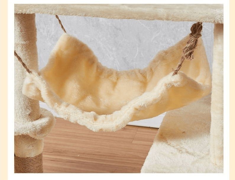 Arbre à chat beige avec plateforme jeux et hamac 