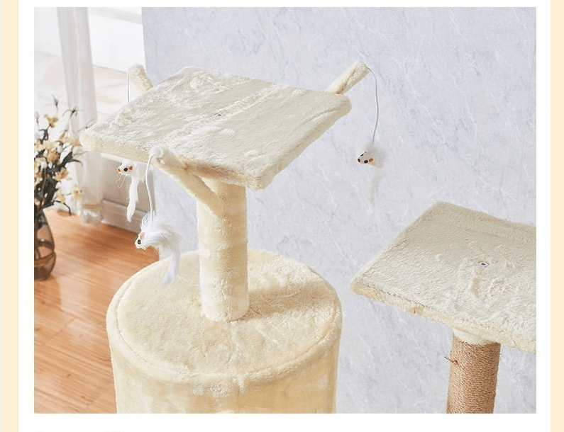 Arbre à chat beige avec plateforme et jouets