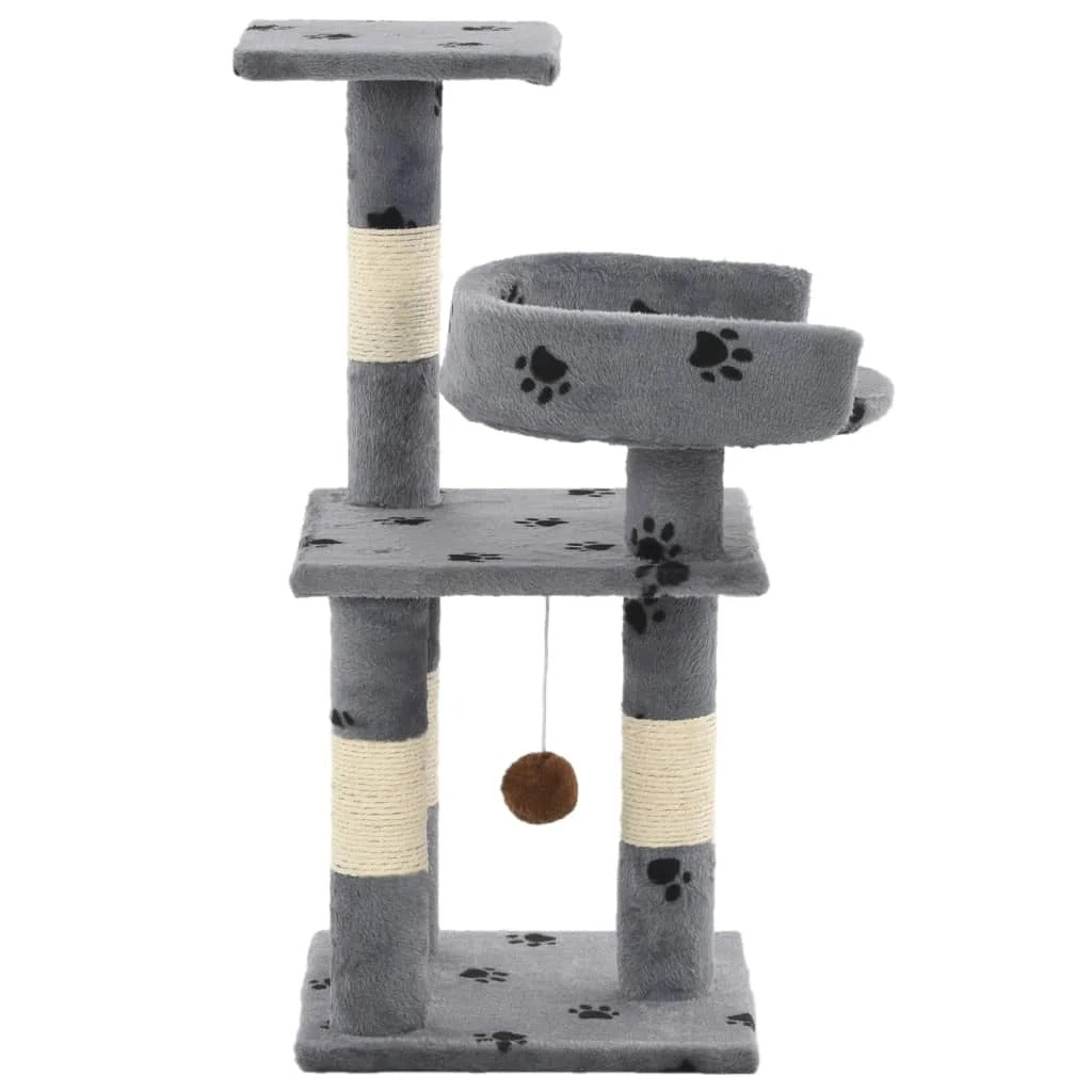 Arbre a chat empruntes de pattes noir sur gris  avec balle suspendu
