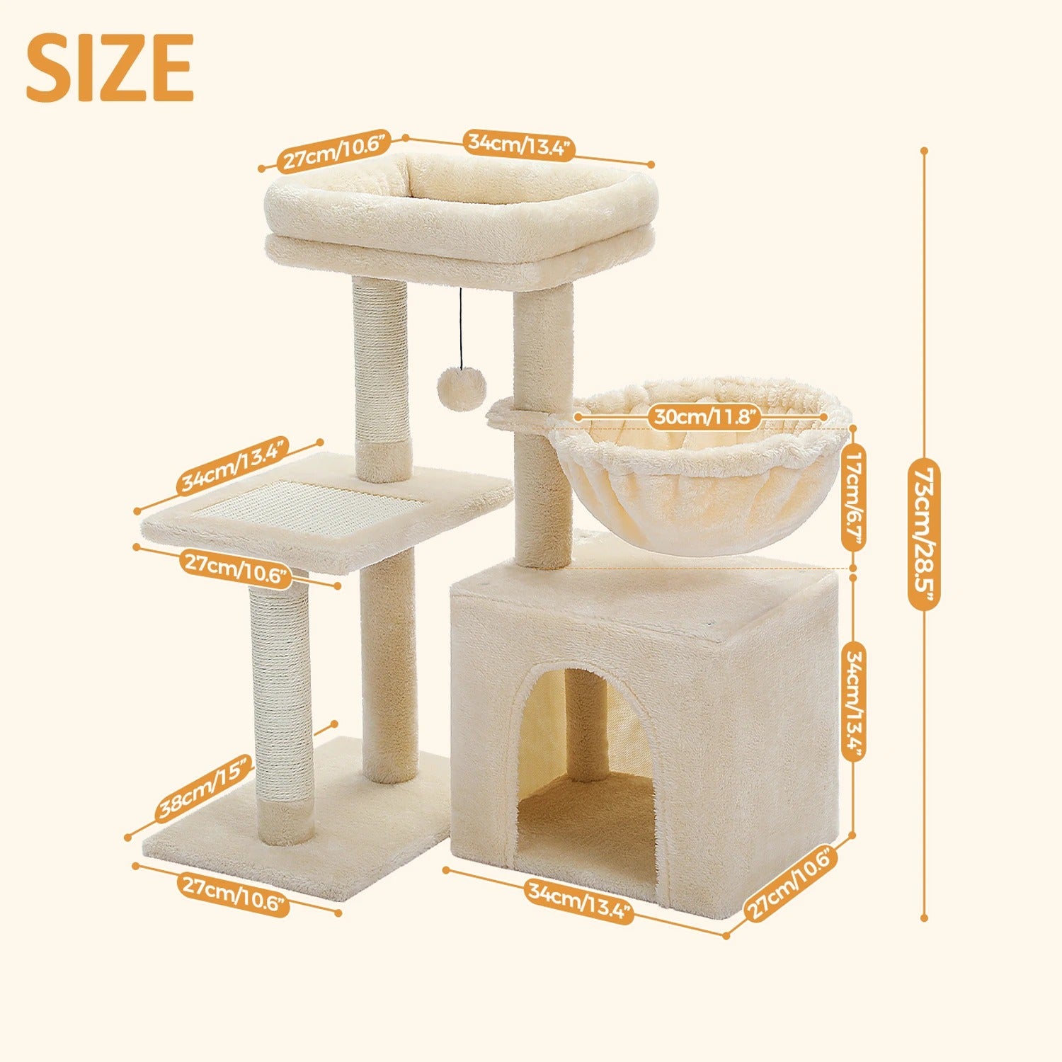 Arbre à chat maine coon beige jeux panier dimension de 38 par 65 par 73 de haut
