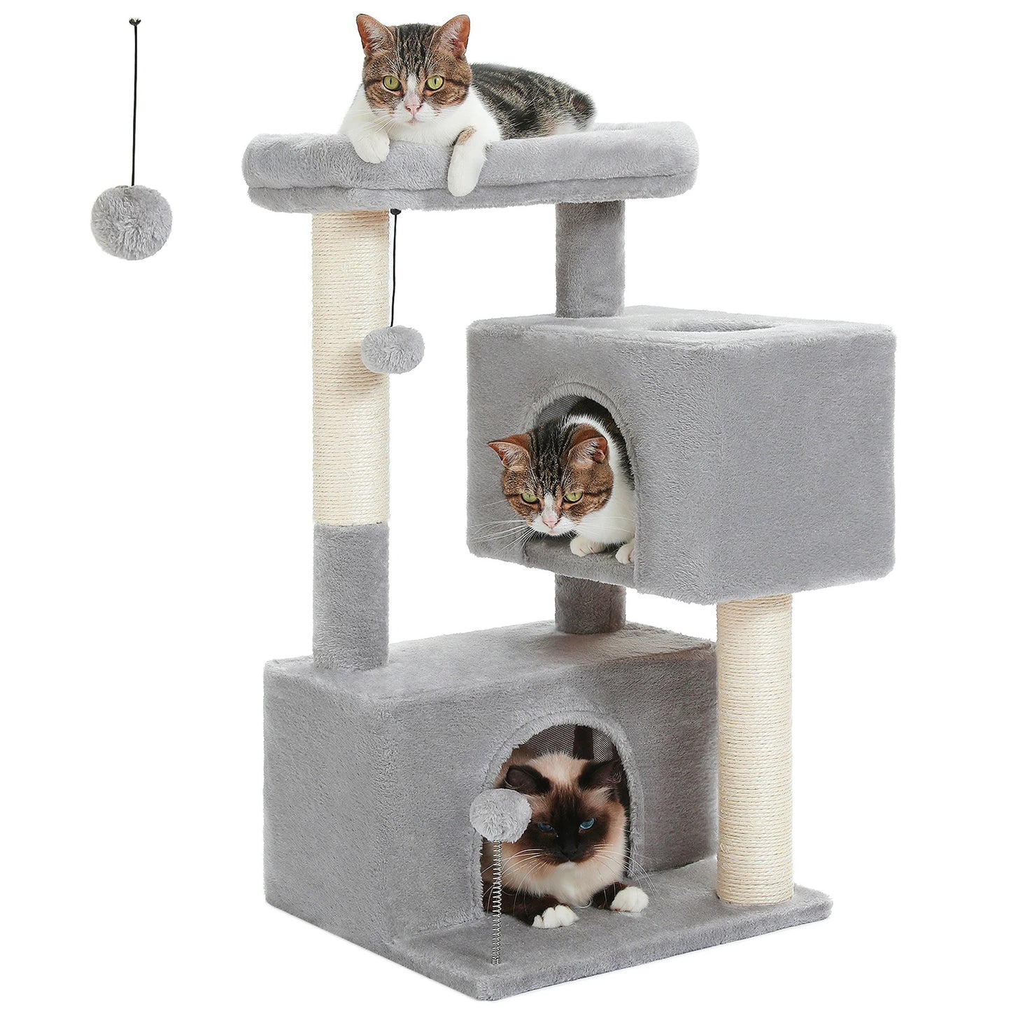 Arbre à chat maine coon  avec deux condos couleur argent pour toute la famille