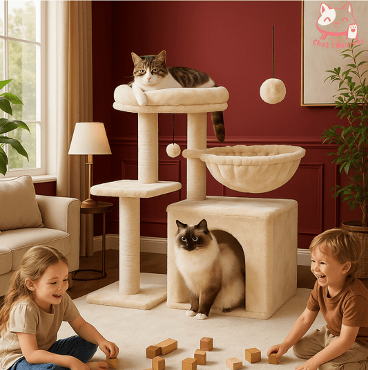 Arbre à chat maine coon beige avec jeux et panier 