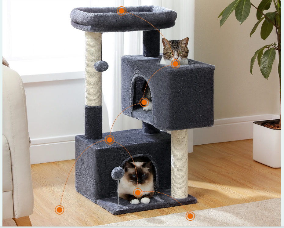 Arbre à chat maine coon avec condo gris et toutes les endroits accessibles