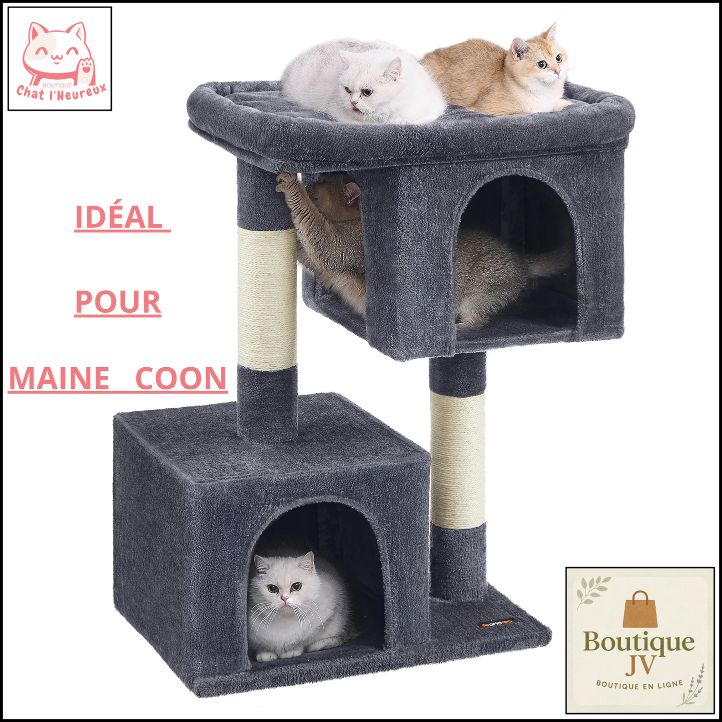 Arbre à chat maine coon condo large perchoir gris familial 