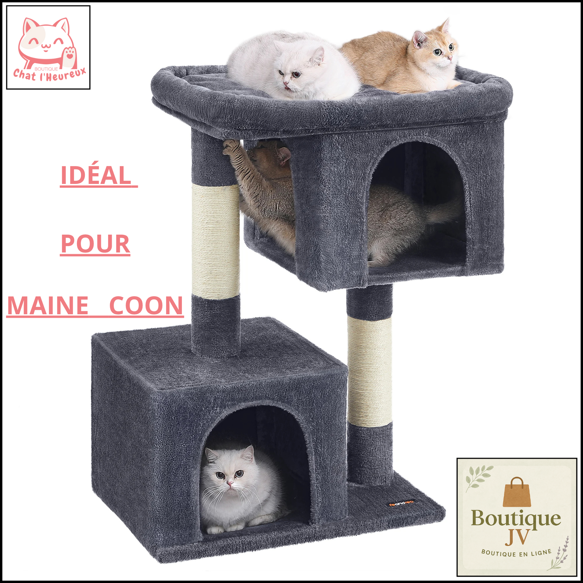 Arbre à chat maine coon condo large perchoir gris familial 