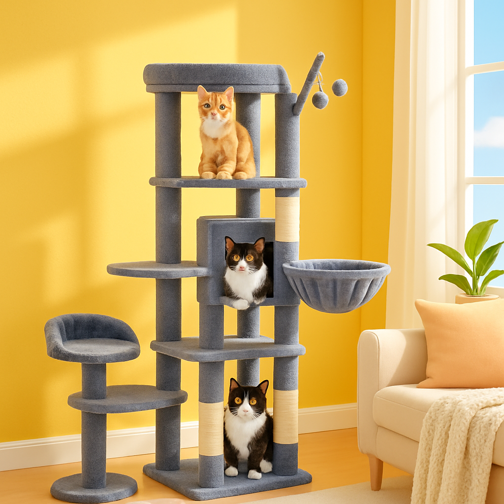 Arbre à chat maine coon panier condo hamac perchoir balles gris