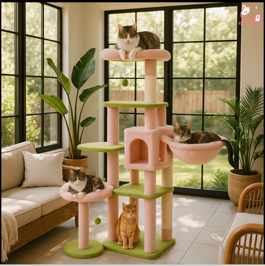 Arbre à chat à plusieurs niveaux rose avec plateforme