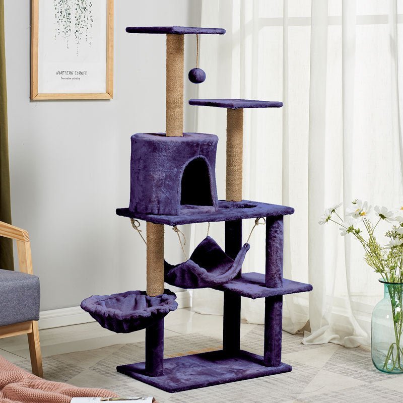 Arbre a chat violet avec condo panier hamac balles suspendus