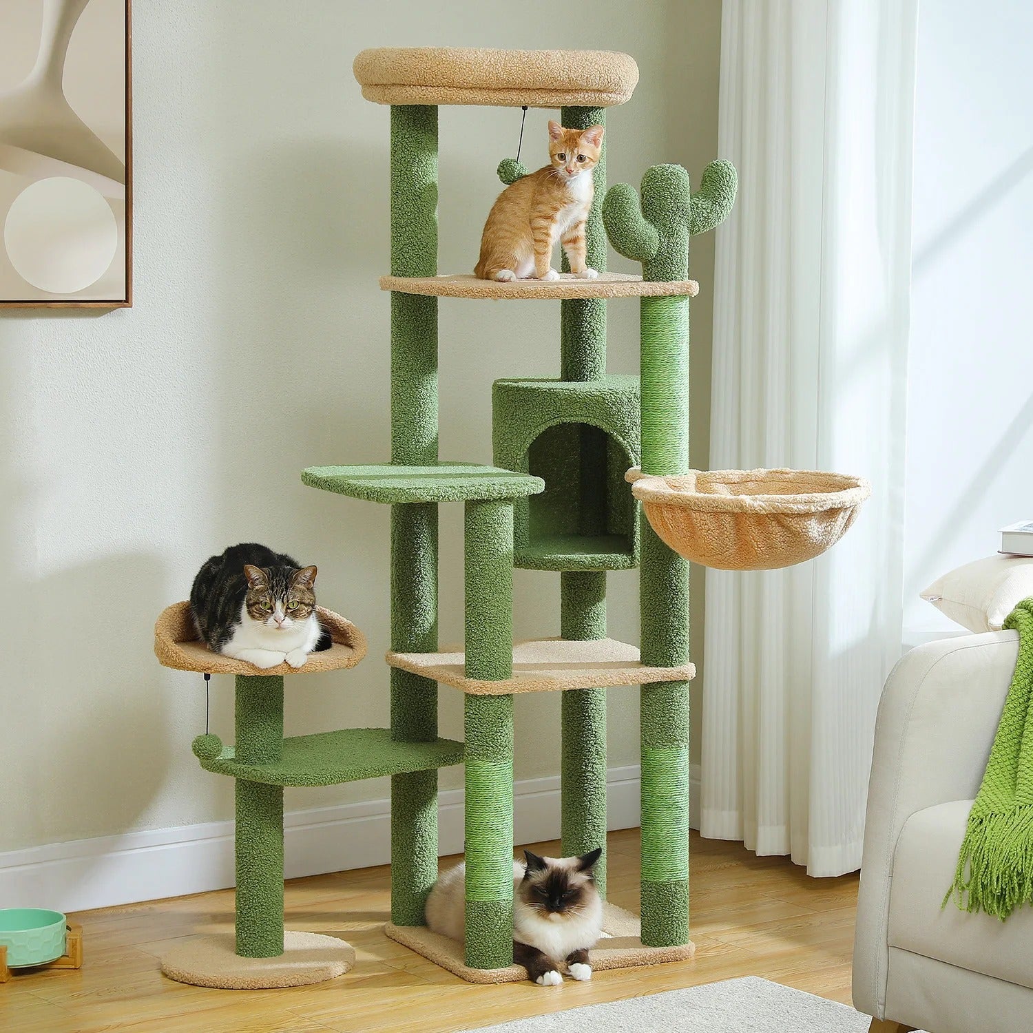 Arbre à chat maine coon plusieurs niveaux vert pour toute la famille