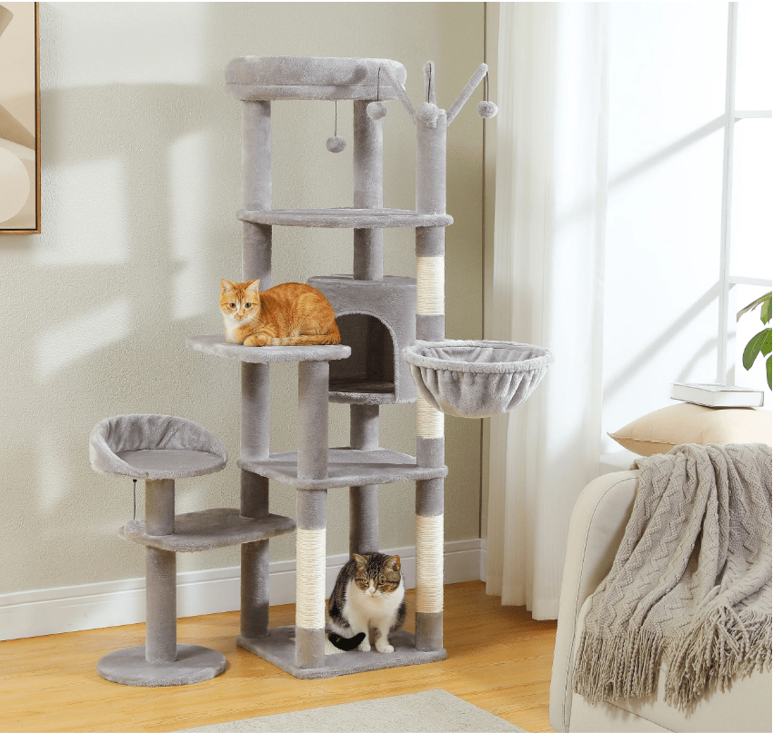 Arbre à chat maine coon plusieurs niveaux argent avec hamac