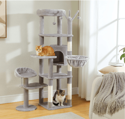 Arbre à chat maine coon plusieurs niveaux argent avec hamac