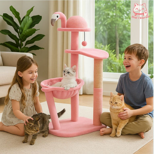 Arbre a chat flamant rose avec panier sisal et perchoir