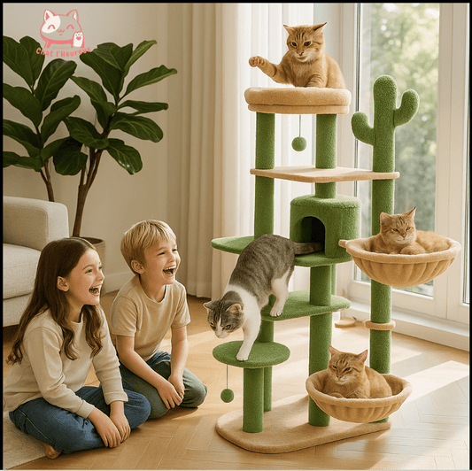 Arbre à chat maine coon plusieurs niveaux vert Boutique Chat l'Heureux
