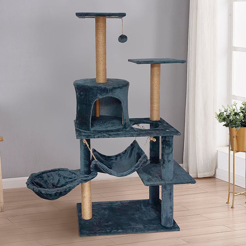 Arbre a chat gris bleu condo panier hamac balle suspendu