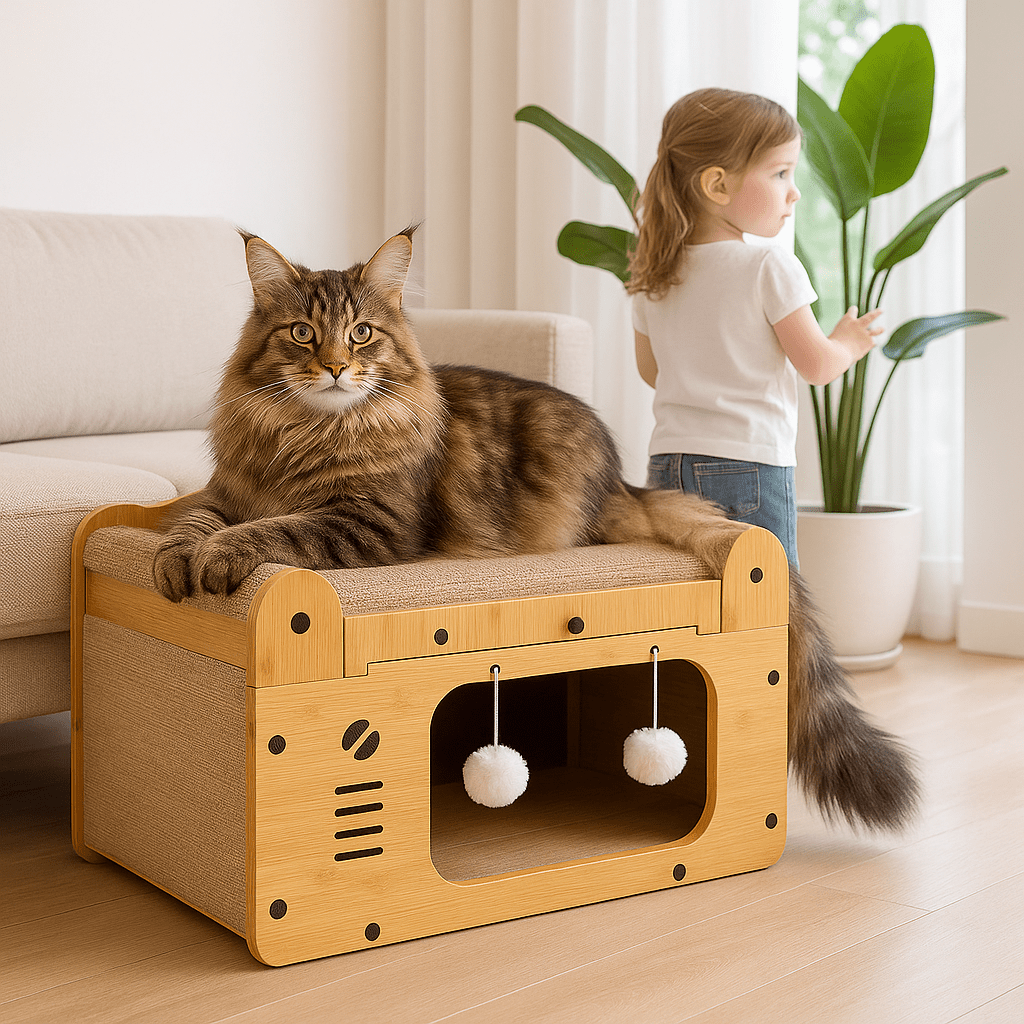 Griffoir pour chat meuble avec balles suspendus pour félin