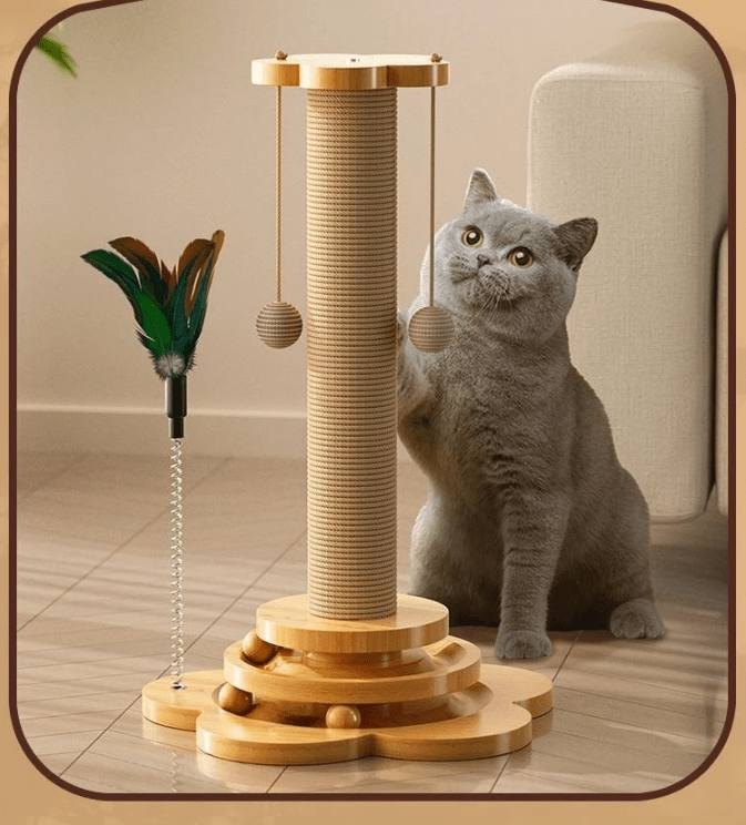 Griffoir pour chat plateau tournant avec balles suspendus