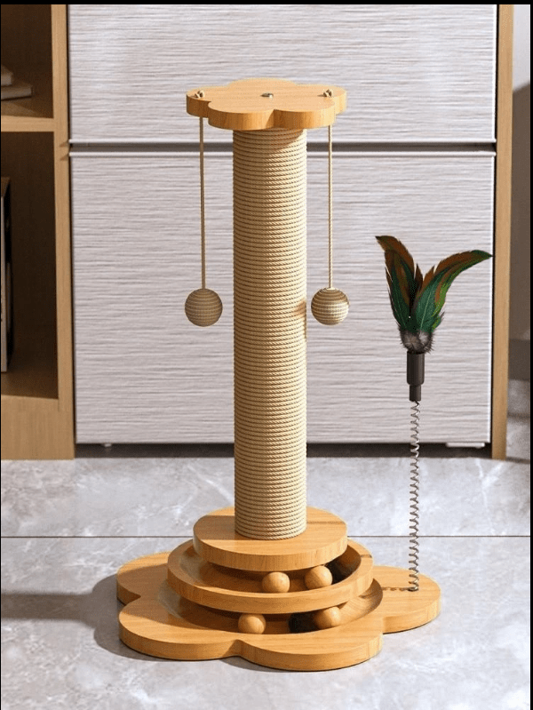 Griffoir pour chat plateau tournant avec plumes sur ressort