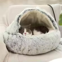 Maison pour chat avec couette en peluche argent pour un bon sommeil