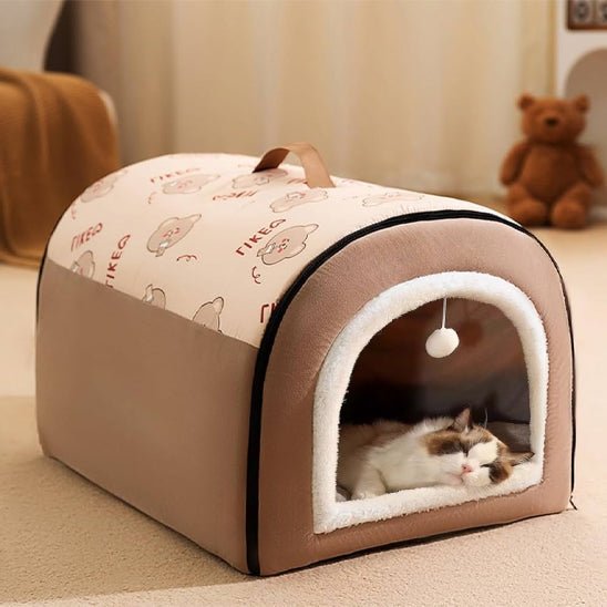 Maison pour chat brune en dôme avec poignée pour sommeil