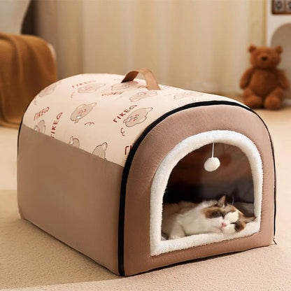 Maison pour chat brune en dôme avec poignée pour sommeil