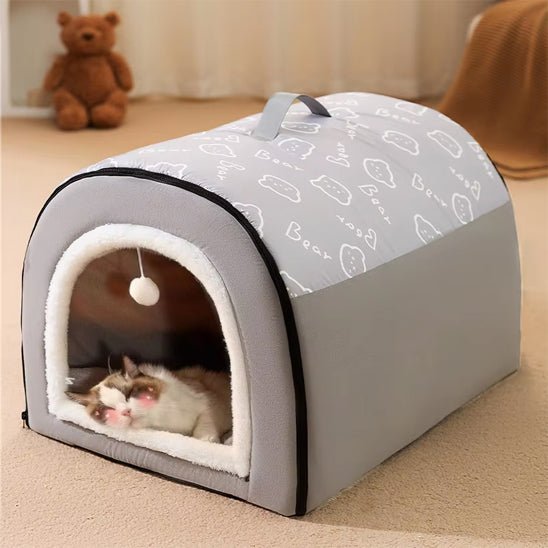 Maison pour chat grise en dôme avec poignée pour sommeil