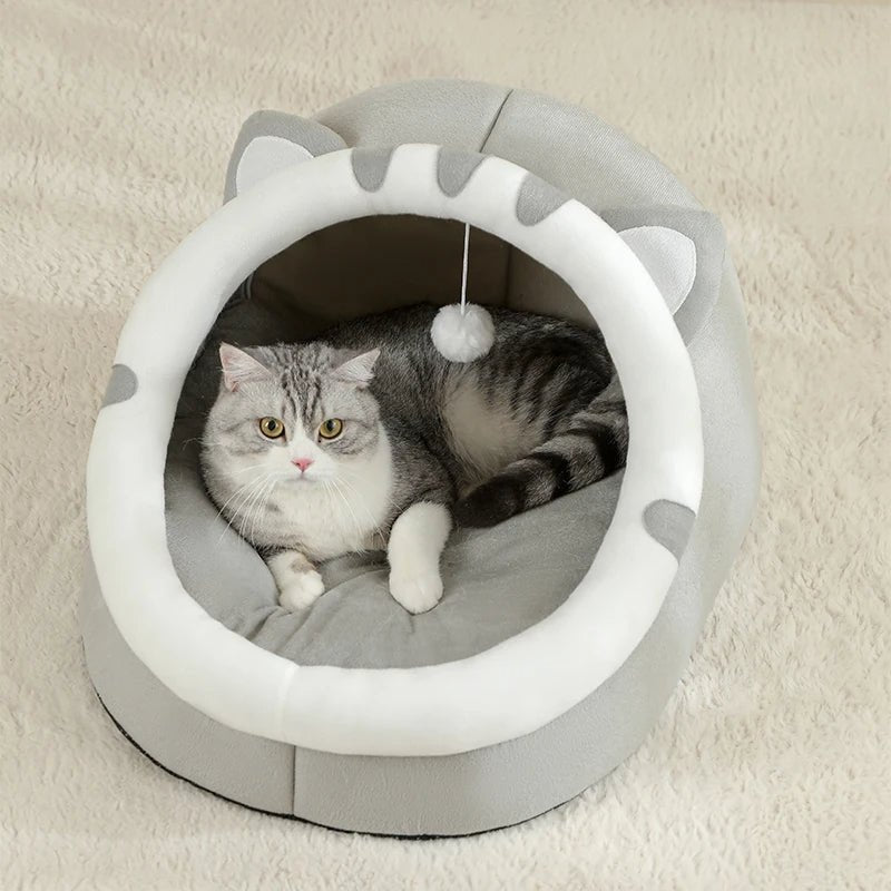 Panier pour chat avec pompon suspendu gris