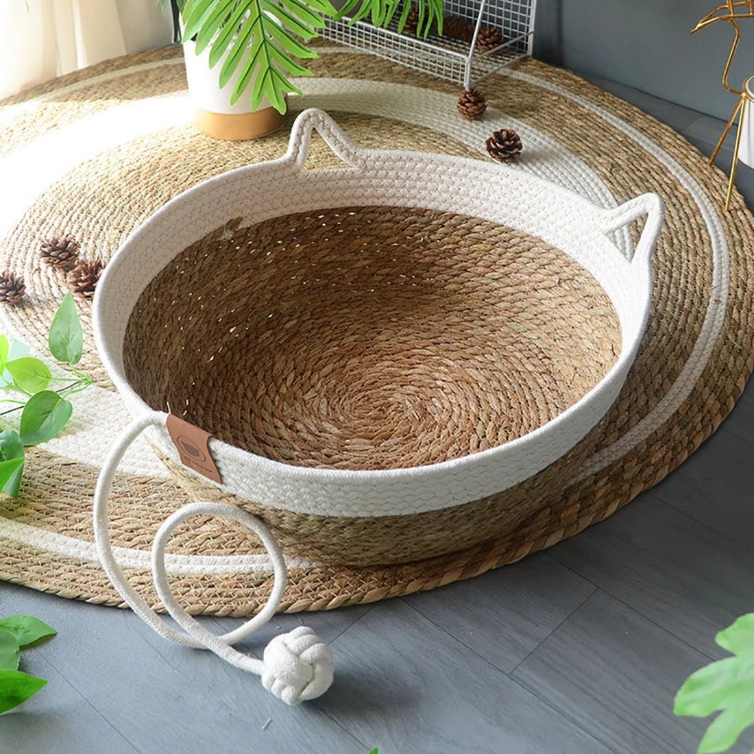Panier pour chat en rotin avec balle couleur banc