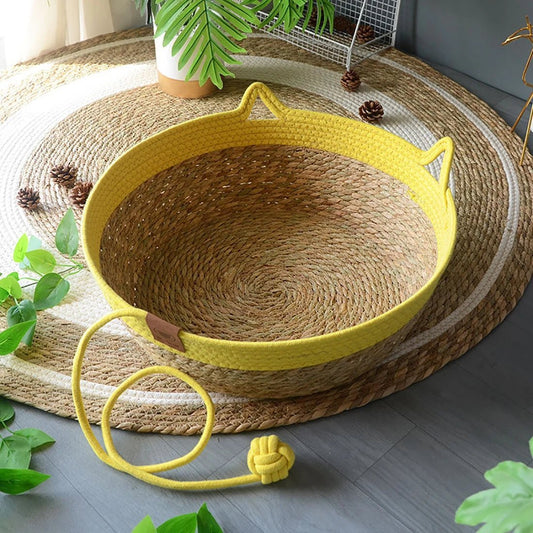 Panier pour chat en rotin avec balle couleur jaune
