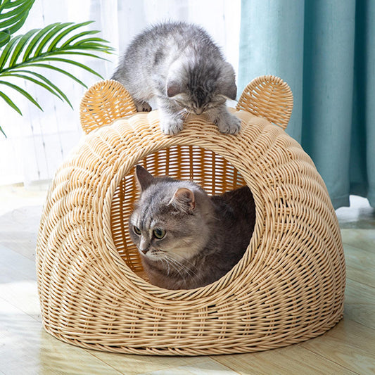 Panier pour chat  en rotin en forme de  tete de chat peut jouer à cachette