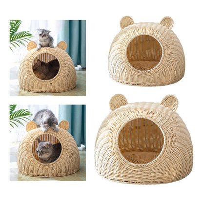 Panier pour chat  en rotin en forme de  tete de chat deux dimensions