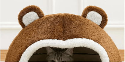 Panier pour chat au visage d'ours brun avec ses oreilles 