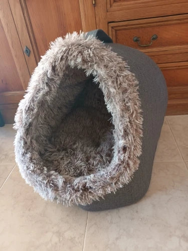 Maison pour chat avec poignée à long poils moelleux