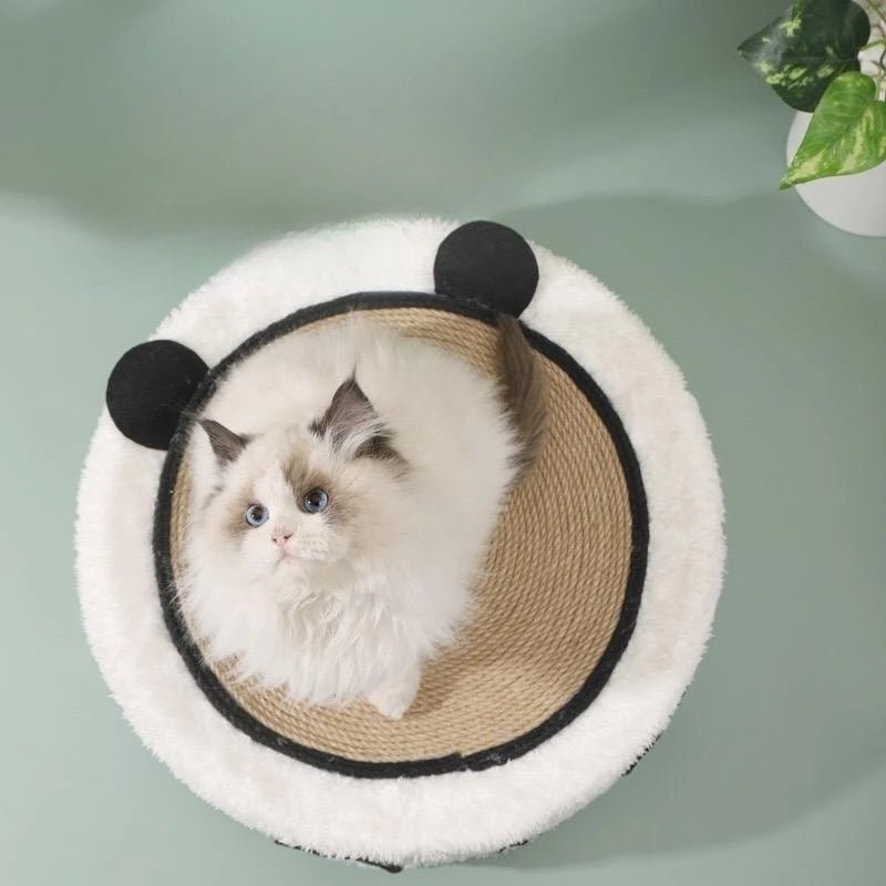 Griffoir chat gratte roche rond blanc panda avec sisal